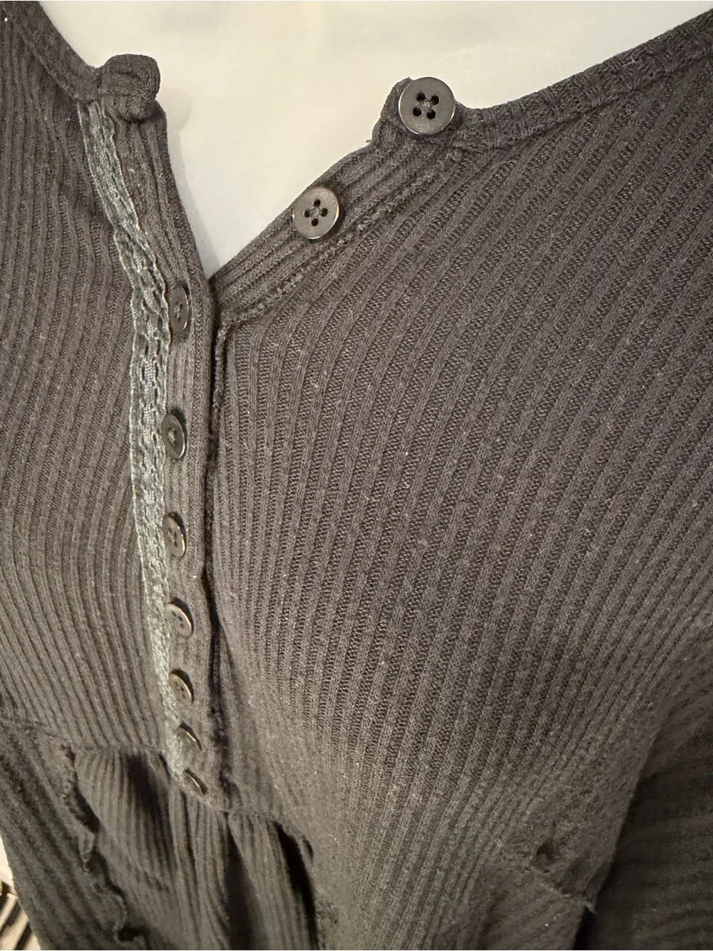 Free People Black Waffle Henley Long Sleeve Top M
